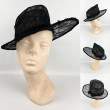 Load image into Gallery viewer, Original 1940s Black Lace Hat with Wire Frame and Bow Trim