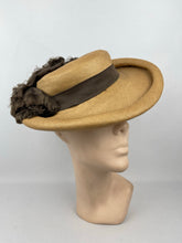 Load image into Gallery viewer, Original 1940s Natural Straw Hat with Warm Chocolate Brown Fringed Trim - AS IS