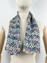Load image into Gallery viewer, Original 1930's Chevron Floral Print Crepe Scarf or Headscarf in Blue, Pink, Black and White - Great Christmas Gift