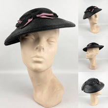 Load image into Gallery viewer, Original Late 1930's or Early 1940's Black Lacquered Straw Hat with Pink Grosgrain Trim