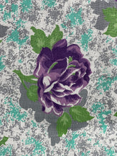 Load image into Gallery viewer, 1940's Reproduction Floral Print Blouse with Large Purple Roses and Grey Buttons Made From an Original 1940's Feed Sack - Bust 34"