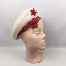 Load image into Gallery viewer, 1940s Cream Straw Hat with Red Grosgrain Trim and Red Stars