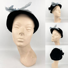 Load image into Gallery viewer, 1930s Black Velvet Hat with Ice Blue Feather Trim and Bow