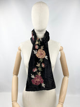 Load image into Gallery viewer, Original 1920's 1930's Black Silk Velvet Scarf with Crewel Work Floral Embroidery - Great Christmas Gift