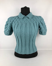 Load image into Gallery viewer, Reproduction 1940s Rib and Cable Knit Jumper in Bashful Blue Acrylic - B36 38 40