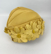 Load image into Gallery viewer, Original 1950’s Half Hat in Yellow Ochre Grosgrain - Pretty Net and Flower Trim - Perfect for Autumn *