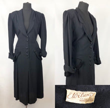Load image into Gallery viewer, 1930s 1940s Black Wool Day Dress with Faux Fur Trim on Pockets - Bust 42 44