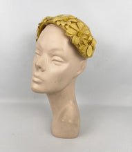 Load image into Gallery viewer, Original 1950’s Half Hat in Yellow Ochre Grosgrain - Pretty Net and Flower Trim - Perfect for Autumn *
