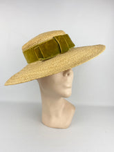 Load image into Gallery viewer, Original 1940s Wide Brimmed Straw Hat with Green Velvet Bow Trim
