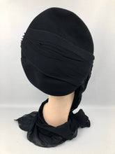 Load image into Gallery viewer, Exceptional 1940s Inky Black Felt Hat with Black Chiffon Scarf