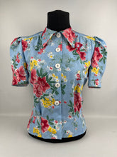 Load image into Gallery viewer, 1940's Reproduction Pretty Floral Print Blouse - Blue with Pink, Yellow and White Flowers - Bust 34