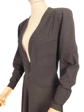 Load image into Gallery viewer, Original Late 1930's Inky Black Wool Dress with Zip Sleeves and Plunging Neckline by Dorothy's of Tulsa - Bust 40 42