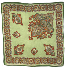 Load image into Gallery viewer, Original 1940's Pistachio Green Crepe Hankie with Rust, Green and Yellow Print - Great Gift Idea
