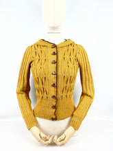 Load image into Gallery viewer, 1930's Reproduction Hand Knitted Long Sleeved Hooded Cardigan in Mustard Alpaca Wool With Novelty Hat Buttons - Bust 34 35