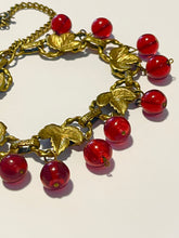 Load image into Gallery viewer, Original 1940's Gold Tone Choker Necklace with Leaves and Cranberry Coloured Glass Droplets - Length 17"