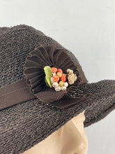 Load image into Gallery viewer, Original Late 1920's or Early 1930's Dark Brown Straw Cloche Hat with Grosgrain Trim *