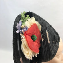 Load image into Gallery viewer, Original 1940's Black Straw Hat - Pretty Bonnet Shape Half Hat with Poppy Flower Trim - Patriotic