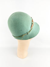 Load image into Gallery viewer, Original 1920’s Soft Green Felt Cloche with Chocolate Brown Velvet Ribbon Trim