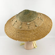 Load image into Gallery viewer, Original 1940s 1950s Tri Colour Conical Straw Hat with Ribbon Tie and Bobble Trim