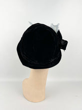 Load image into Gallery viewer, 1930s Black Velvet Hat with Ice Blue Feather Trim and Bow
