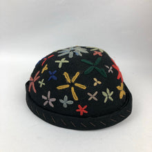 Load image into Gallery viewer, 1930s Black Felt Skull Cap with Floral Wool Work Embroidery