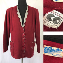 Load image into Gallery viewer, Original 1940s CC41 Machine Knitted Cardigan in Burgundy and Grey - B40 42