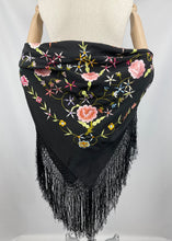 Load image into Gallery viewer, Beautiful Original 1920's 1930's Black Crepe Piano Shawl with Bold Floral Silk Embroidery and Broad