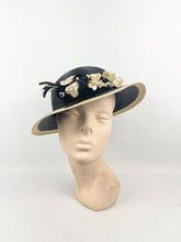 Load image into Gallery viewer, Original 1930s Black and Cream Lacquered Straw Hat with Velvet Floral Trim