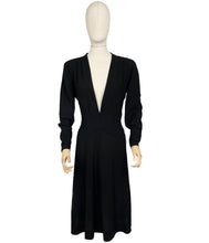 Load image into Gallery viewer, Original Late 1930's Inky Black Wool Dress with Zip Sleeves and Plunging Neckline by Dorothy's of Tulsa - Bust 40 42
