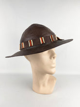 Load image into Gallery viewer, Original 1930s American Made Fine Brown Straw Summer Hat with Cream, Brown and Rust Grosgrain Trim *