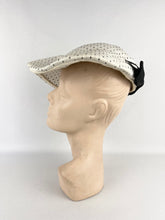 Load image into Gallery viewer, Original 1950s White and Black Straw Hat with Fabulously Shaped Crown and Bow Trim *