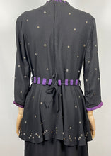 Load image into Gallery viewer, Original Late 1930s or Early 1940s Black Crepe Tunic Dress with Metal Trim - Bust 38 40