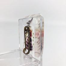 Load image into Gallery viewer, Original 1940s Rectangular Reverse Carved Lucite Brooch with Crinoline Lady and Flowers