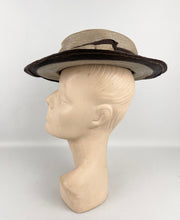 Load image into Gallery viewer, Original 1930s Two-Tone Brown Lacquered Straw Hat with Grosgrain Trim