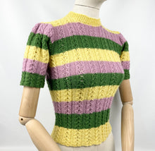 Load image into Gallery viewer, 1950's Reproduction Tri-Colour Cable Hand Knitted Jumper in Pink, Yellow and Green - Bust 30 32