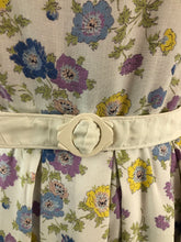 Load image into Gallery viewer, 1940s Belted White Cotton Dress with Pretty Floral Print and Contrast Collar and Cuffs - Bust 36 38