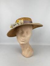 Load image into Gallery viewer, Original 1930's Wide Brimmed Natural Straw Hat with Cluster of Fabric Flowers