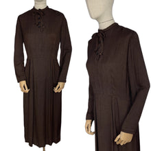 Load image into Gallery viewer, Original 1930's Dark Brown Floppy Long Sleeved Day Dress with Button Neck and Bow - Bust 38