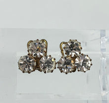 Load image into Gallery viewer, Vintage Trio of Claw Set Clear Paste on Gold Metal Clip On Earrings