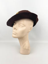 Load image into Gallery viewer, Original 1930’s Warm Brown Fur Felt Hat with Appliqué Trim in Green, Rust and Mustard *