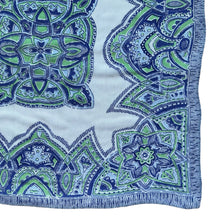 Load image into Gallery viewer, Original 1940's or 1950's Pure Silk Hankie in Green and Blue Celtic Design on White - Great Gift Idea