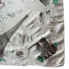 Load image into Gallery viewer, Vintage 1950's Bonjour Paris Tourist Scarf with The Eiffel Tower, Notre-Dame and More - Great Neckerchief or Headscarf