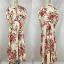 Load image into Gallery viewer, Original 1940s White Hostess Gown with Pretty Pink Rose Print - Great Maxi Dress - Bust 36" 38"