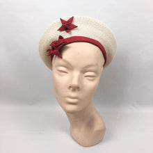 Load image into Gallery viewer, 1940s Cream Straw Hat with Red Grosgrain Trim and Red Stars