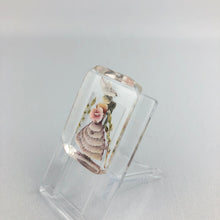 Load image into Gallery viewer, Original 1940s Rectangular Reverse Carved Lucite Brooch with Crinoline Lady and Flowers