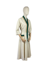 Load image into Gallery viewer, Original 1950s Natural Linen Dress with Kelly Green Trim and Soutache - Bust 36