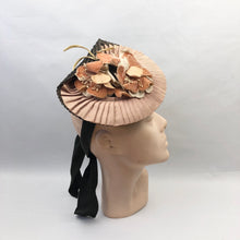 Load image into Gallery viewer, 1940s Black and Soft Apricot Straw & Grosgrain Hat with Floral Trim