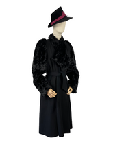 Load image into Gallery viewer, RESERVED FOR SAM Incredible Original 1930s Black Belted Wool Coat with Faux Fur Sleeves - Bust 34 35 36
