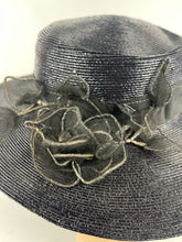 Load image into Gallery viewer, Original 1940's Dark Blue Lacquered Straw Hat with Net Covered Flower Trim by Peter Robinson *