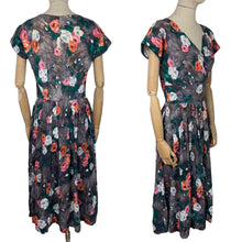 Load image into Gallery viewer, Original 1950's Grey Floral Crinkle Crepe Dress with Crossover Front - Bust 34 36 *